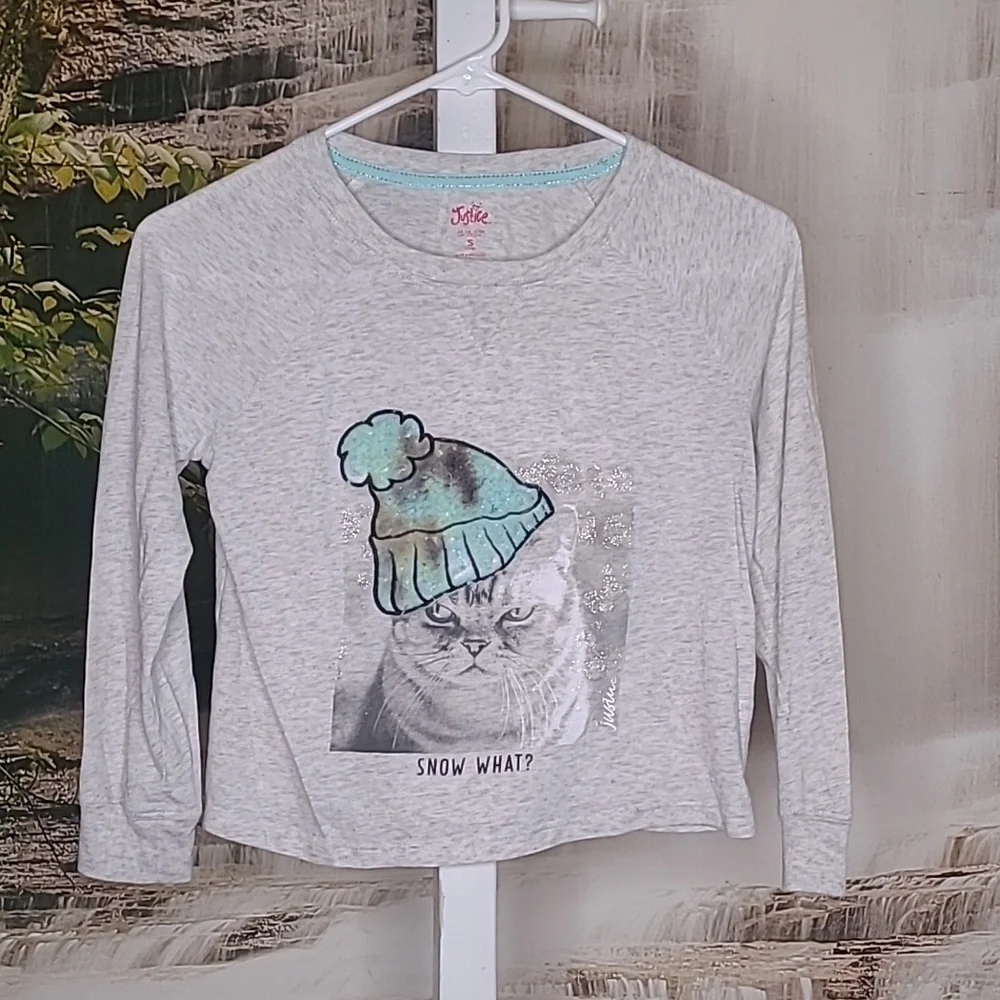 Justice Girls Small glittery sparkly fuzzy cat long sleeve Tshirt SNOW WHAT?